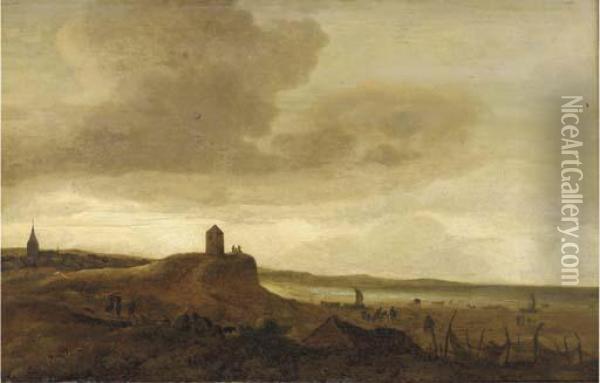 A Coastal Inlet With Travellers On A Track And Other Figures In The Foreground Oil Painting - Salomon van Ruysdael