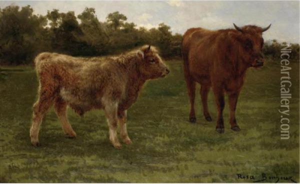 Two Cows Grazing Oil Painting - Rosa Bonheur
