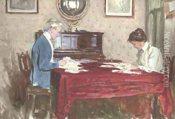 Claire Goff and Rita Jacomb-Hood reading the morning post at 26 Tite Street, Chelsea Oil Painting - George Percy Jacomb-Hood