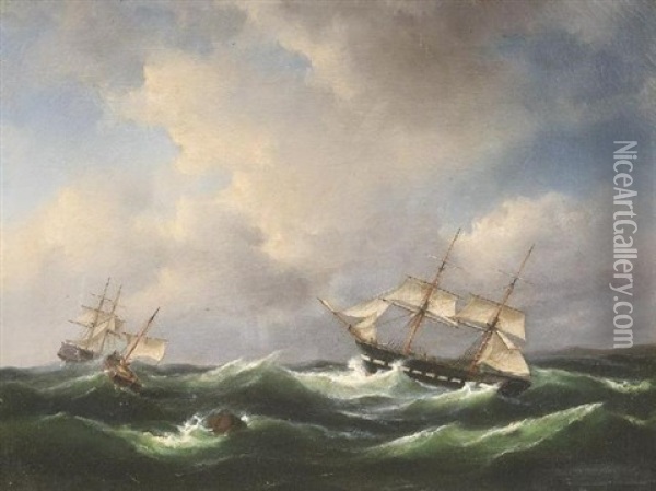 Kustenfischer Und Fregatte Auf Sturmischer See Oil Painting - Govert Van Emmerik