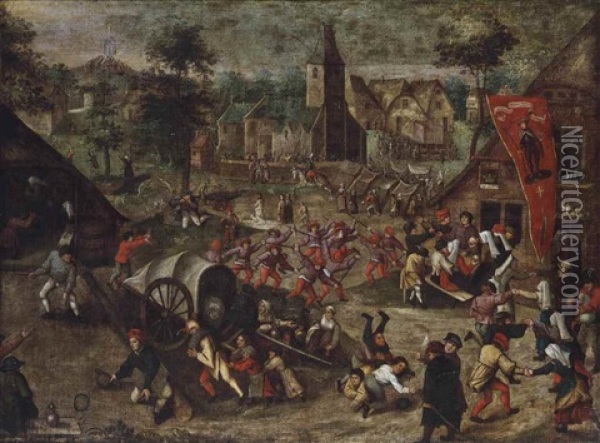 A Village With Figures Celebrating The Kermesse Of Saint George Oil Painting - Pieter Balten