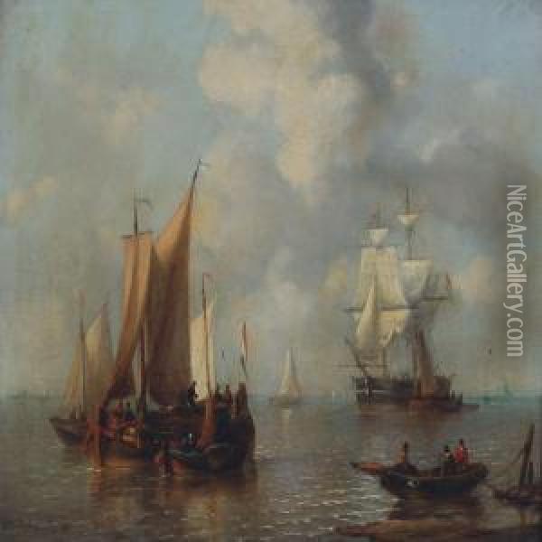 Seascape With Boats Off The Dutch Coast Oil Painting - George Willem Opdenhoff