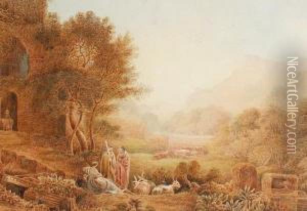 Shepherds In A Landscape Oil Painting - George Jnr Barrett