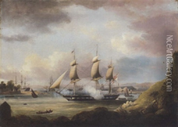 A Royal Naval Frigate Announcing Its Arrical In The Hamoaze, Plymouth Sound Oil Painting - Thomas Lyde Hornbrook