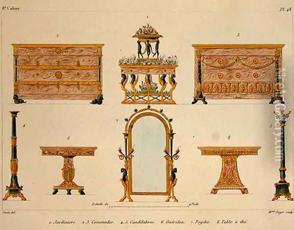 Furniture designs, engraved by Mme Soyer, plate 48 from Modeles de Meubles et de decorations interieures pur les meubles, published 1828-41 Oil Painting - M. Santi