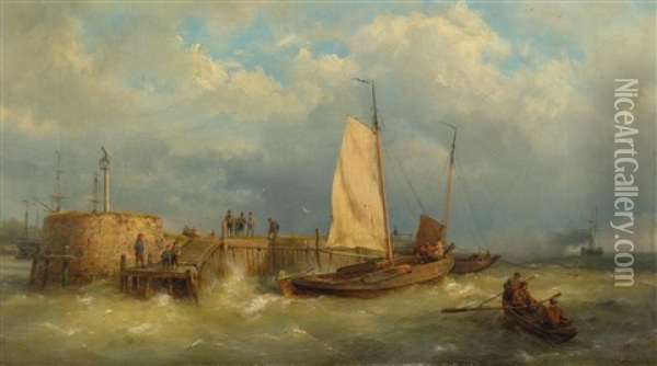 Dutch Coastal View With Ships At Sea Oil Painting - Hermanus Koekkoek the Elder