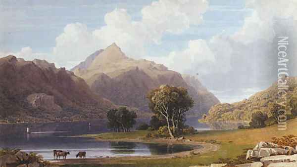 Cattle watering Llyn Celyn, North Wales Oil Painting - George Fennel Robson