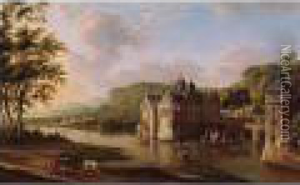 View Of A Castle By A River With A Town Behind Oil Painting - Hendrik Frans de Cort