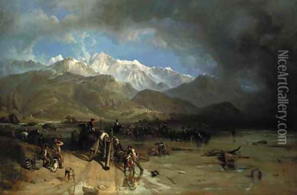French Troops (1796) fording the Margra - Sarzana and the Carrara Mountains in the distance Oil Painting - William Clarkson Stanfield