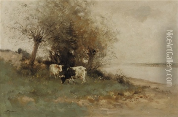 Cattle Grazing Near The River Oil Painting - Willem George Frederik Jansen