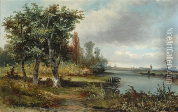 A River Landscape With Trees Oil Painting - Hermanus Jan Hendrik Rijkelijkhuysen