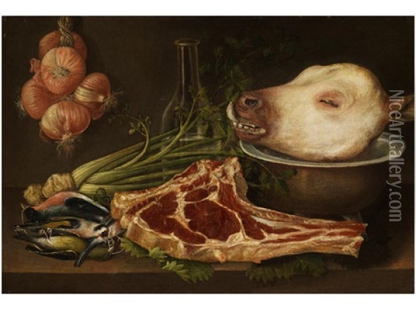 Stilleben Mit Kalbskopf, Fleischrippenstuck, Gemuse Und Toten Vogeln Oil Painting - Carlo Magini