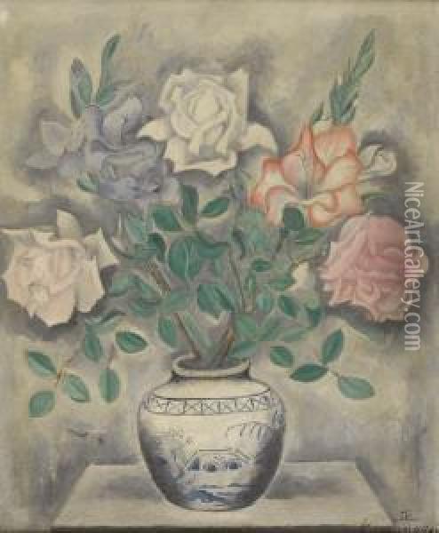 Still Life With Roses In A Delft Jar Oil Painting - Sei Koyanagui