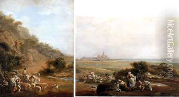Village Scene and View of Fuenterrabia Oil Painting - Luis Paret Y Alcazar
