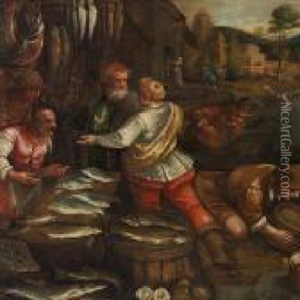 A Renaissance Scenery With Persons Buying Fish Oil Painting - Jacopo Bassano (Jacopo da Ponte)
