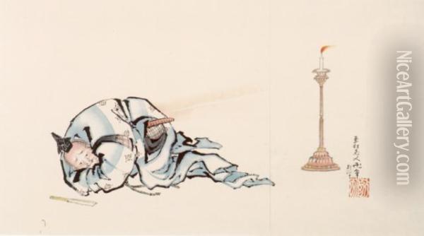Acteur De Kyogen Pres D'un Chandelier Oil Painting - Katsushika Hokusai