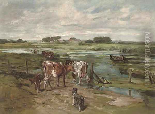 Herding the cattle to new pastures Oil Painting - John Emms