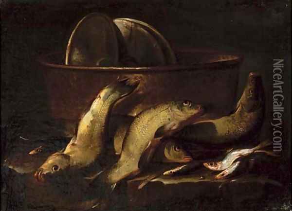 A catch of fish by a copper cauldron on a stone ledge Oil Painting - Elena Recco