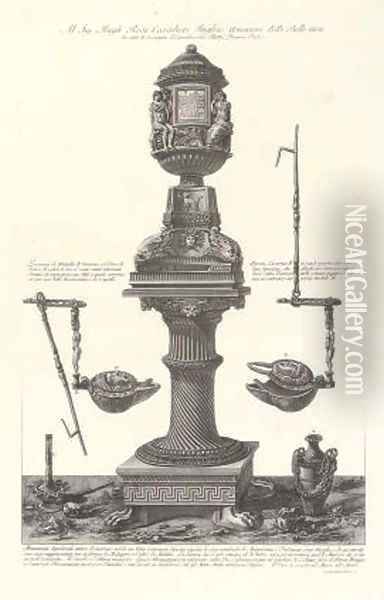 A Collection of Urns and others from Vasi, Candelabri, Cippi, Sarcofagi, Tripodi, Lucerne Oil Painting - Giovanni Battista Piranesi