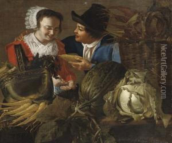 A Maid Buying Groceries At A Vegetable Stand Oil Painting - Christian Gillisz. Van Couwenbergh