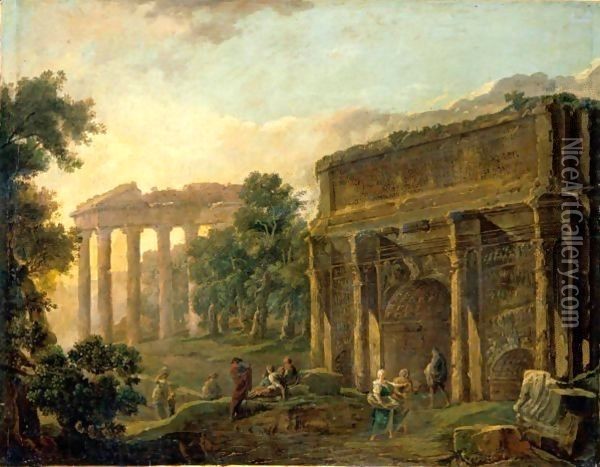 An Architectural Capriccio With Figures Among Roman Ruins Oil Painting - Hubert Robert