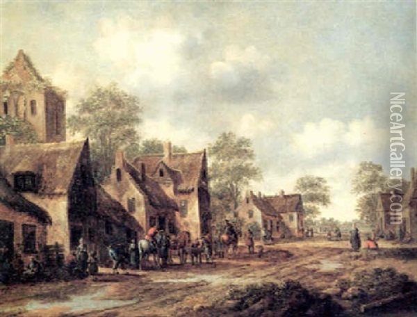 Eine Dorfstrase Mit Vielen Figuren Oil Painting - Thomas Heeremans