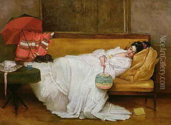 Girl in a white dress resting on a sofa Oil Painting - Alfred-Emile-Leopole Stevens