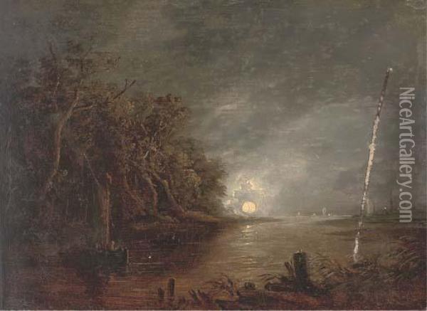 A Moonlit River Landscape Oil Painting - Aert van der Neer