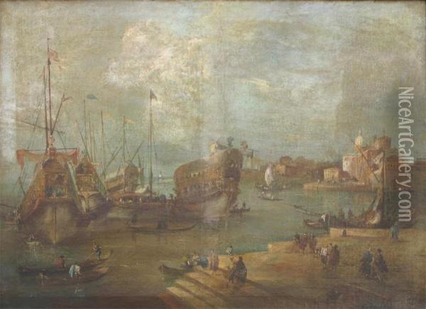 Venetian Scene With Ceremonial Barges At Anchor Oil Painting - Francesco Guardi