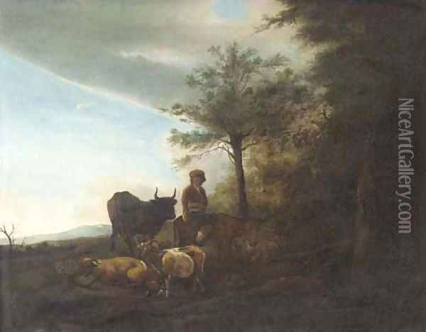 A wooded landscape with a shepherd, goats and cattle Oil Painting - Dirck Van Bergen