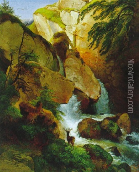 Landschaft Mit Wasserfall Und Hirsch Oil Painting - Johann Fischbach
