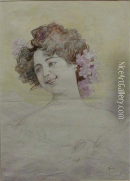 Ritratto Di Donna Con Fiori Tra I Capelli Oil Painting - Pompeo Mariani