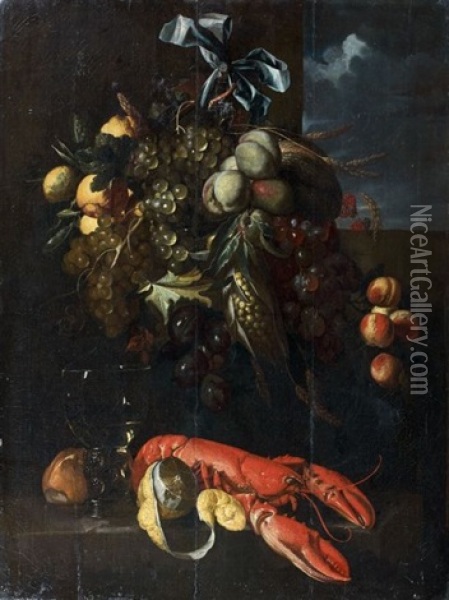 Composition Aux Pommes, Raisins Et Homard Oil Painting - Alexander Coosemans