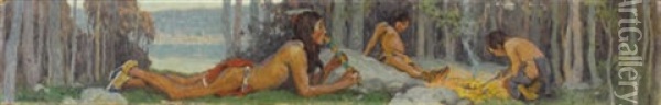 Study For Flute Player With His Sons - Indian Campfire Oil Painting - Eanger Irving Couse