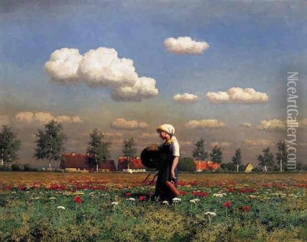 In The Poppy Field Oil Painting - Paul Wilhelm Keller-Reutlingen