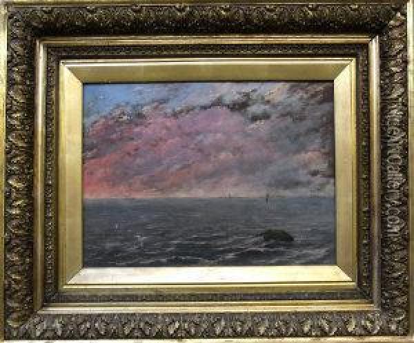 Seascape At Sunset With Shipping In The Distance Oil Painting - Henry Moore