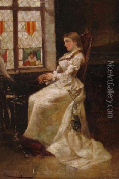 Young Lady By The Window Oil Painting - Enrique Miralles Darmanin