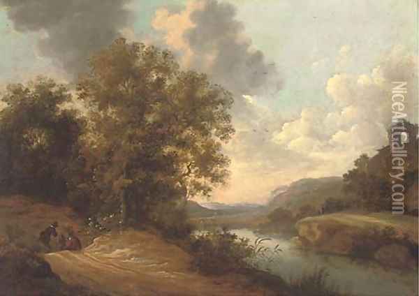 Figures on a path in a river landscape with a hilltop ruin beyond Oil Painting - Adam Pynacker