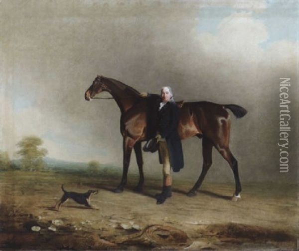 Major Price With His Favourite Bay Hunter And Terrier In A Landscape Oil Painting - Benjamin Marshall