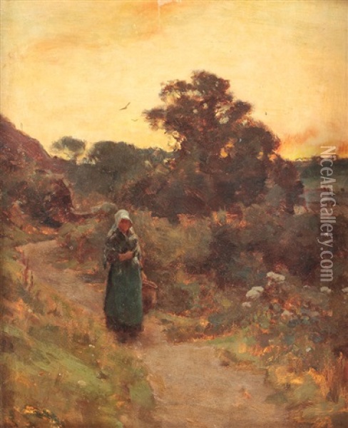 Landscape At Sunset, Girls From Bretania On The Way Home Oil Painting - Charles Francois Daubigny