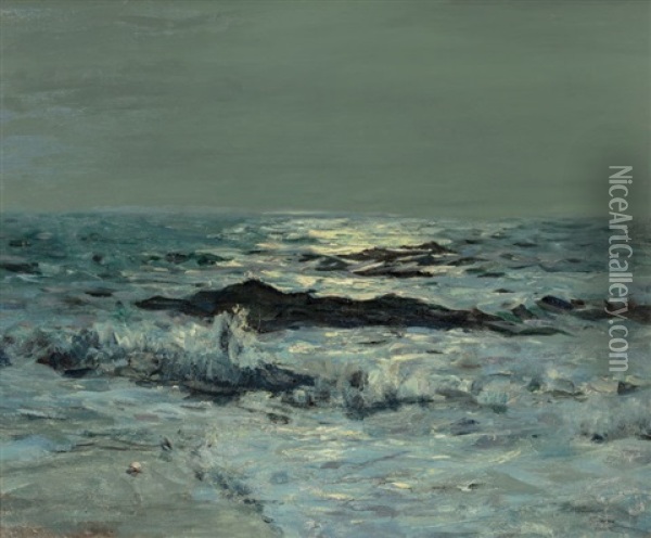 Moonsheen On The Sea, East Hampton, Long Island Oil Painting - Howard Russell Butler