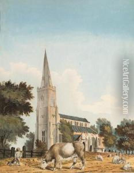 The Church Of Sutton St. Nicholas, Lincolnshire; And Long Suttonchurch, Lincolnshire Oil Painting - John Claude Nattes