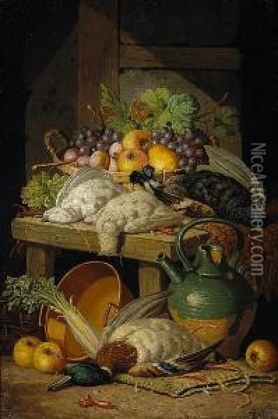 A Still Life With Fruit, Game, A Water Jug And A Copper Pot Oil Painting - A. Charles