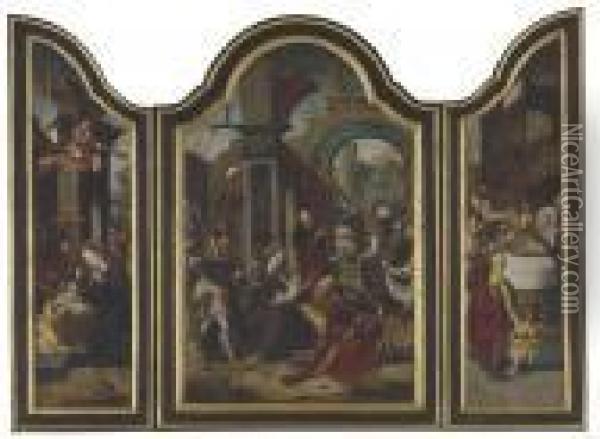 A Triptych: Central Panel: The Adoration Of The Magi Oil Painting - Pieter Coecke Van Aelst
