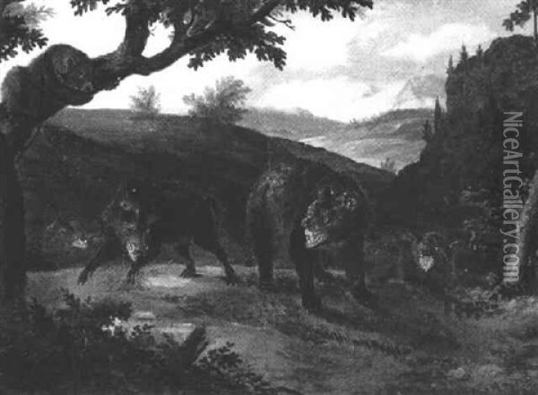 Wildschweine Und Zwei Baren In Einer Bewaldeten Landschaft Oil Painting - Wenzel Ignaz Prasch