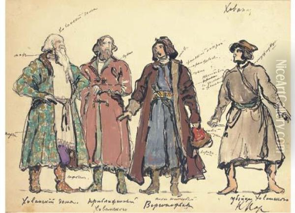 A Group Of Costume Designs For 
Khovanshchina: Khovanskii;khovanskii's Man-servant; Varsonofiev; And The
 Murderer Oil Painting - Konstantin Alexeievitch Korovin