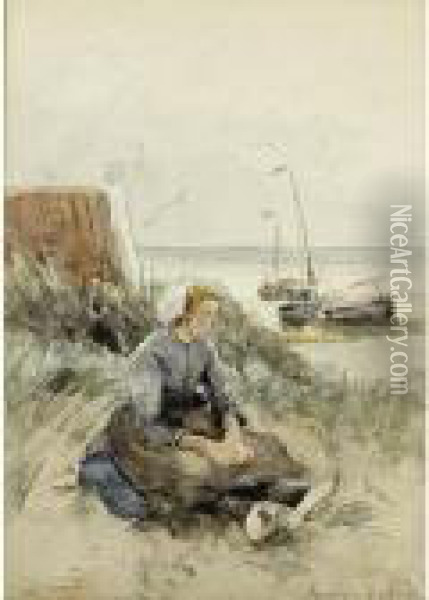 A Dutch Fisherwoman Seated In The Dunes, The Beach And Sea Beyond Oil Painting - German Grobe