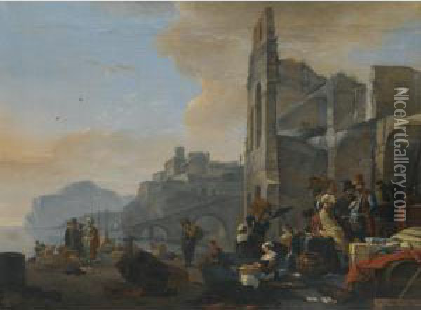 An Italianate Coastal Landscape With Figures In Oriental Dress At Market Oil Painting - Thomas Wyck