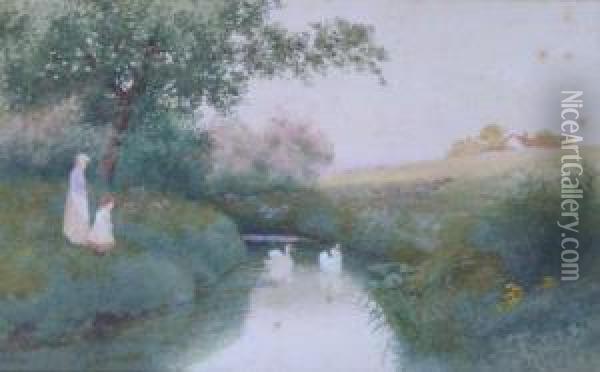 Swans On The Leam, Warwickshire 
 By The Avon, Warwickshire Oil Painting - Robert Hollands Walker