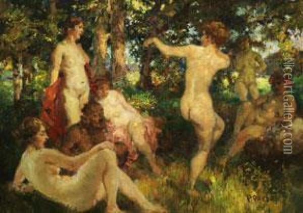 Pan Zwischen Liegenden Und Tanzenden Nackten Nymphen Im Park Oil Painting - Paul Paede